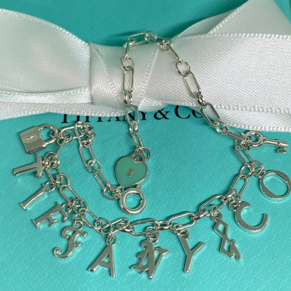NWT Tiffany & Co. Sterling Silver Letter Charm Bracelet Blue Enamel RETIRED - Picture 4 of 6